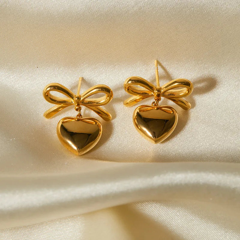 Heart with Bow Drop Earrings - TheFindify