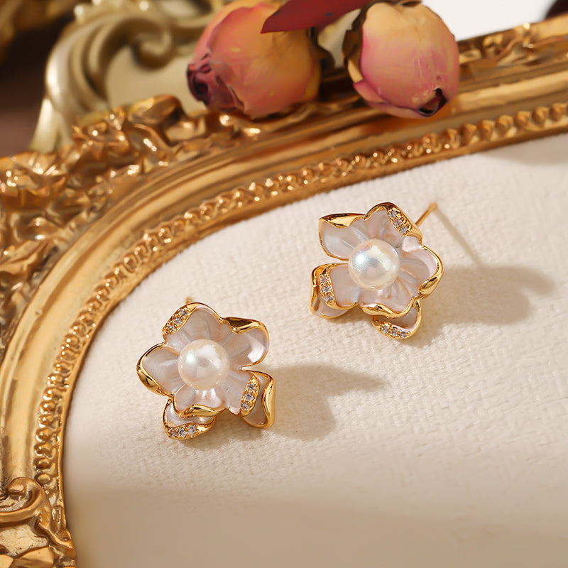 Elegant Flower Copper Zircon 18K Gold-Plated Ear Studs