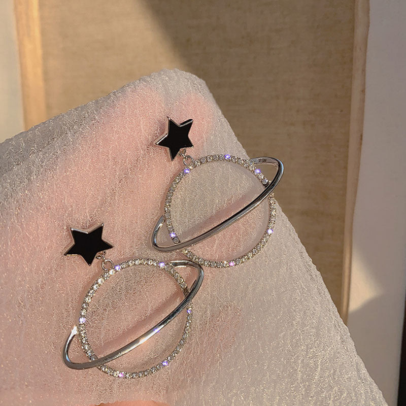 Korean Fashion Rhinestone Planet Drop Earrings - TheFindify