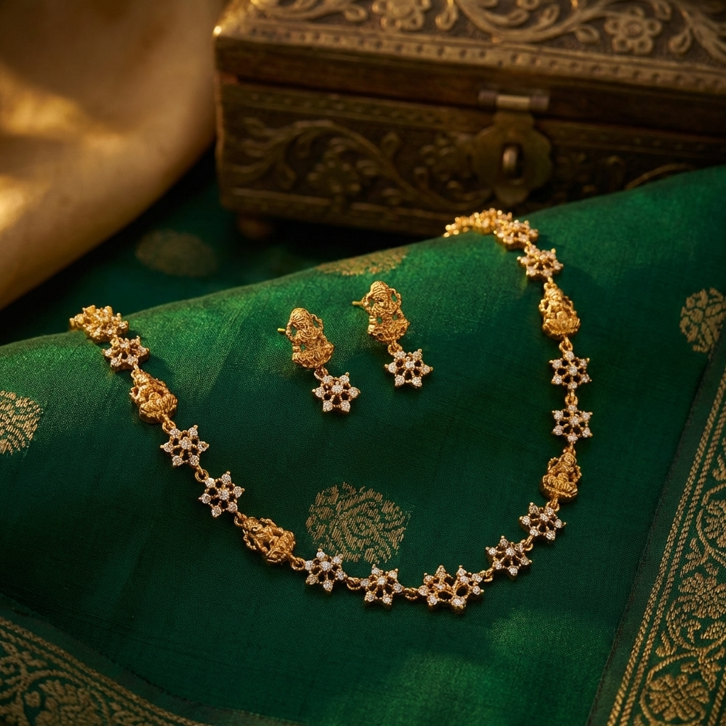 Goddess Lakshmi Floral Necklace Set – Traditional Temple Jewelry for Weddings & Festivals