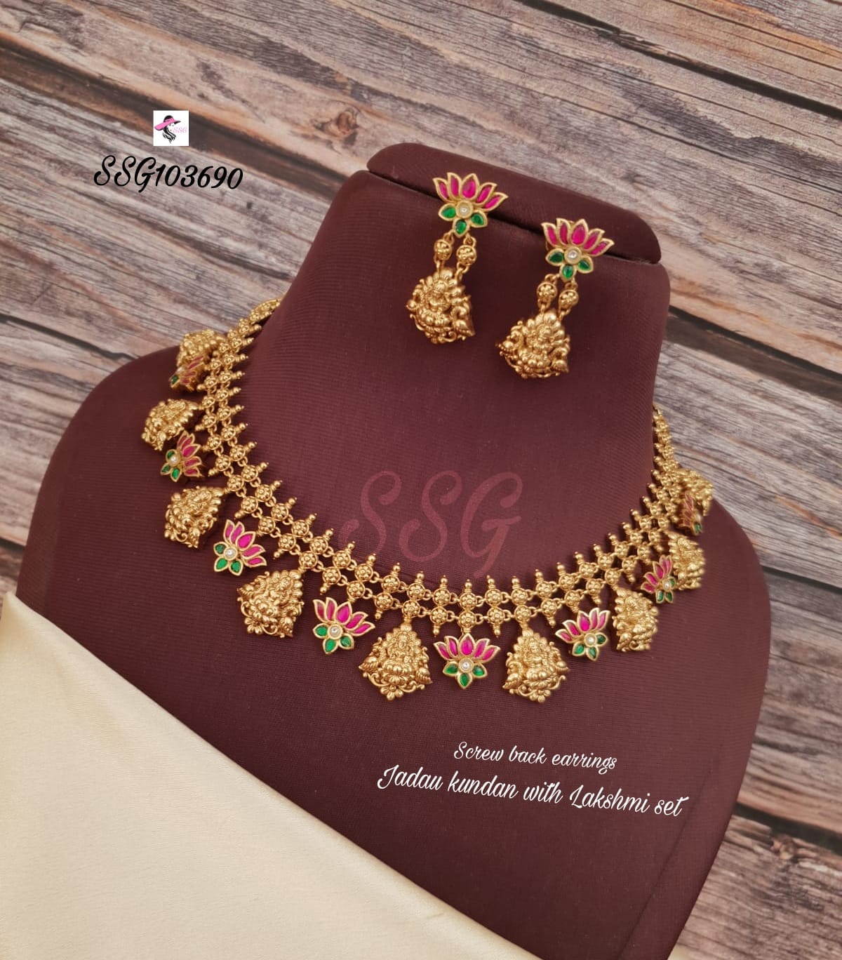 Jadau Kundan Lotus Lakshmi Necklace With Earrings - TheFindify