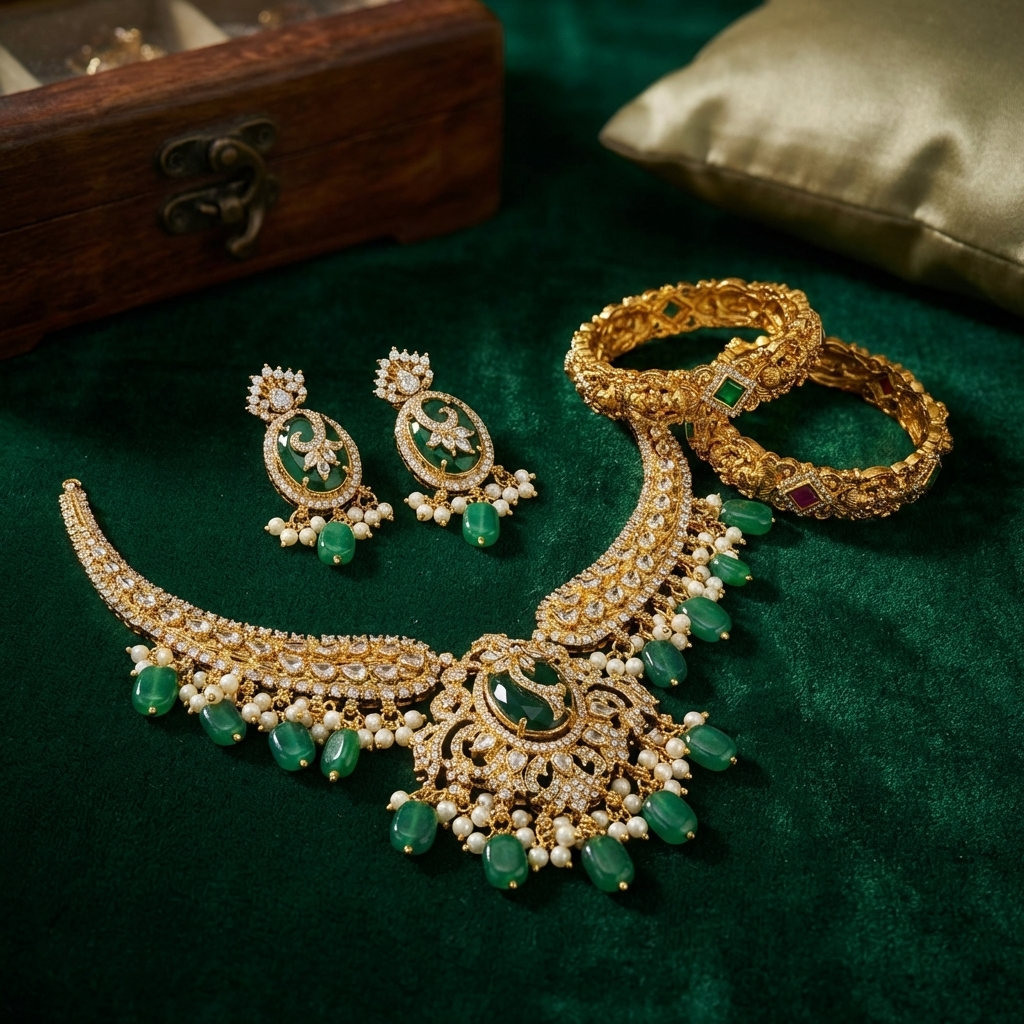 Royal Emerald Kundan Bridal Jewelry Set β Luxury Wedding Necklace, Earrings & Bangles