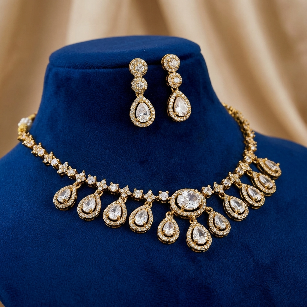 Royal Teardrop Diamond Look Necklace Set β Premium Bridal & Party Wear Jewelry