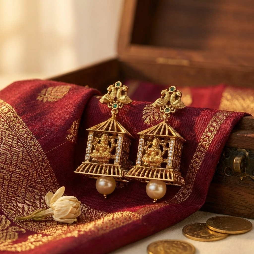 Traditional Lakshmi Temple Jhumka Earrings β Antique Gold South Indian Jewelry with Pearl Drops
