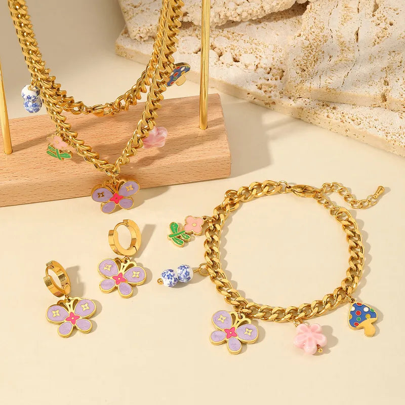 Butterfly & Flower Charm Necklace &, Bracelet Set - TheFindify