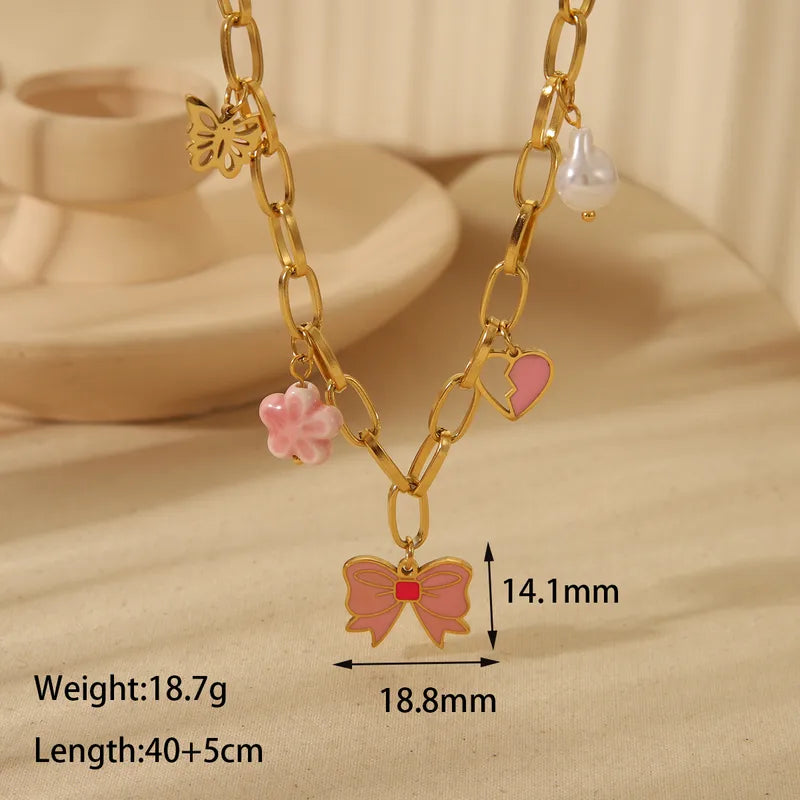 Romantic Pink Heart Bow, Flower Bracelet, Earrings and Necklace - TheFindify