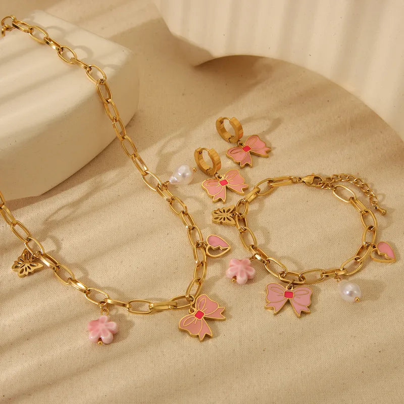 Romantic Pink Heart Bow, Flower Bracelet, Earrings and Necklace - TheFindify