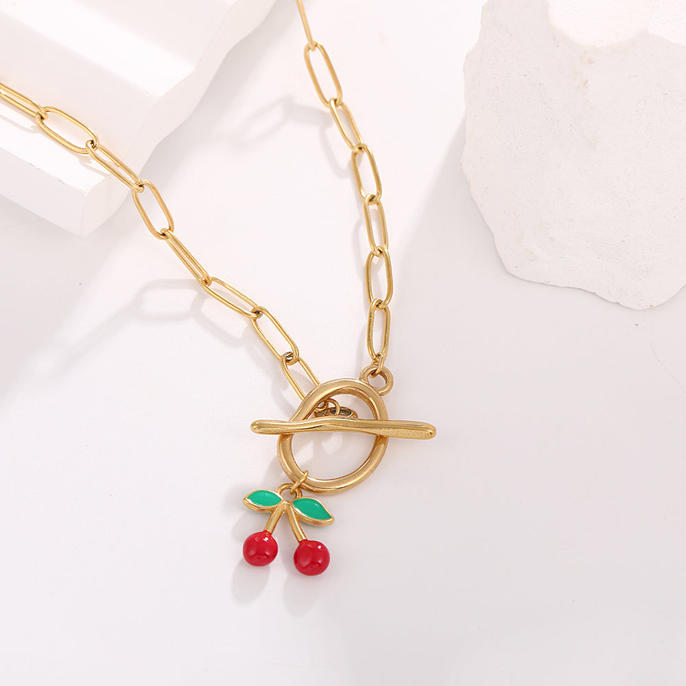 Retro Cherry 18K Gold-Plated Asymmetrical Pendant Necklace - TheFindify
