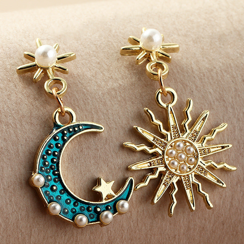 Fashion Alloy Inlaid Pearl Asymmetric Sun & Moon Earrings - TheFindify
