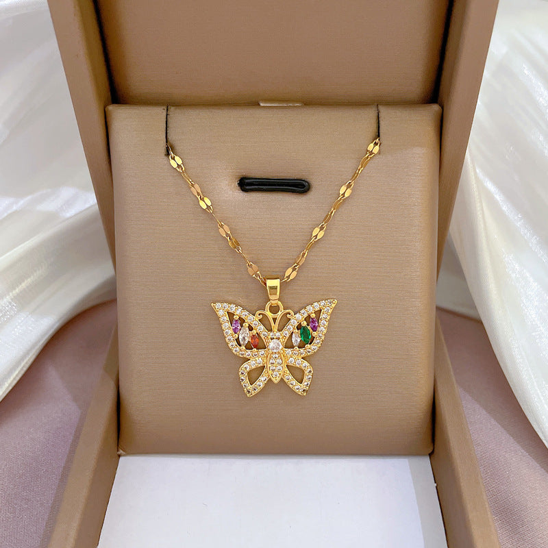 Fashion Butterfly Heart-Shaped Titanium Steel Inlay Zircon Necklace - TheFindify