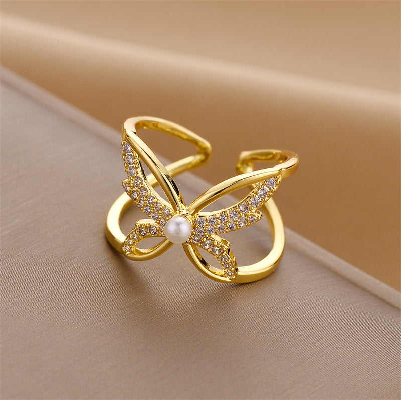 Fashion Geometric Snake and Butterfly Copper Open Ring with Artificial Gemstones