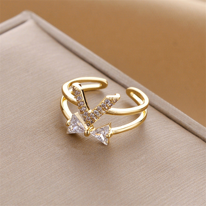 Geometric V-Shaped Ring with Rhinestones