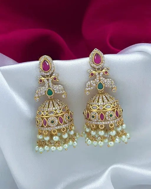 Peacock Design Pearl Double Drop Earrings - TheFindify
