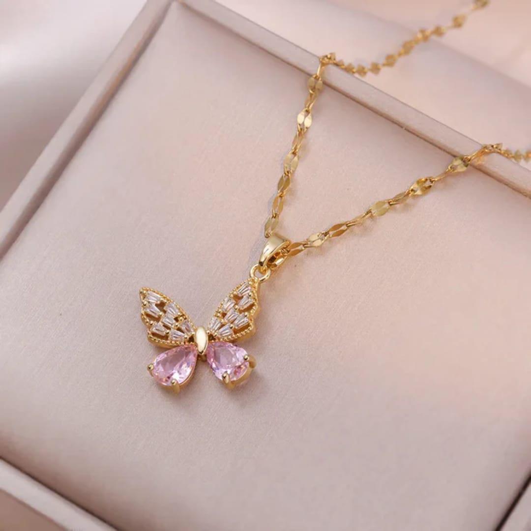 Pink Butterfly Anti Tarnish 18k Gold Plated Necklace