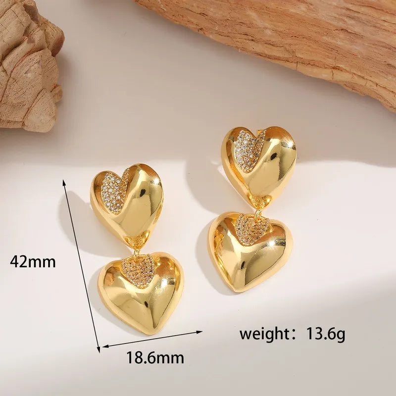 Luxurious Heart Drop Earrings Gold Plated Copper with Sparkling Zircons