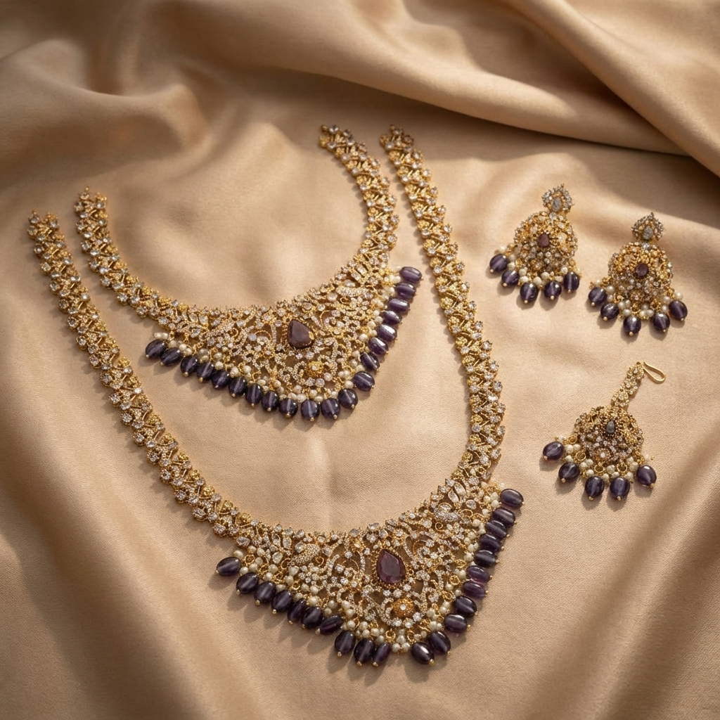 👑 Royal Amethyst Kundan Bridal Jewelry Set – Luxury Necklace, Earrings & Statement Accessories