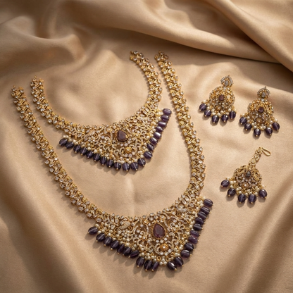 👑 Royal Amethyst Kundan Bridal Jewelry Set – Luxury Necklace, Earrings & Statement Accessories