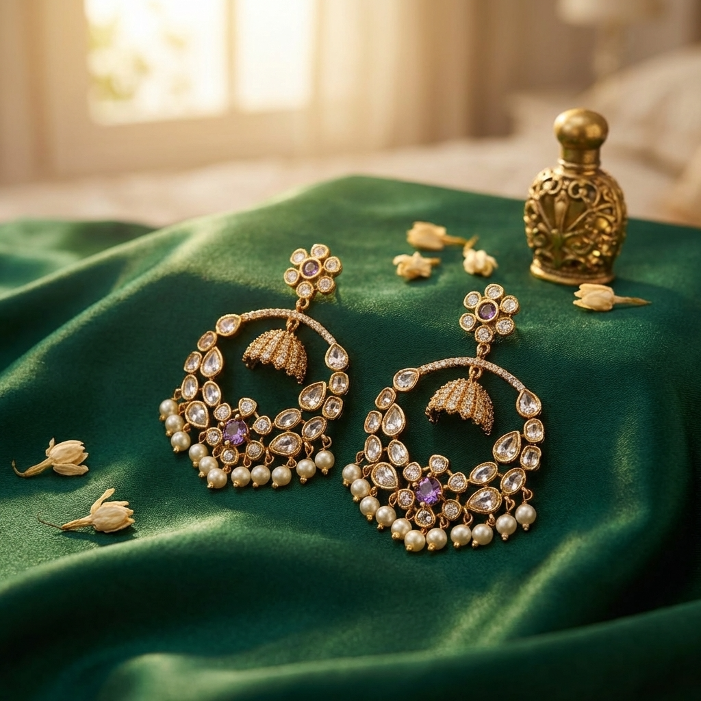 👑 Elegant Pearl Drop Chandbali Earrings – Antique Gold Ethnic Jewelry for Women