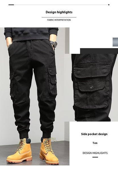 Men's Cropped Tooling Spring And Autumn Loose-fitting Casual Ankle-banded Trousers Multi-pocket