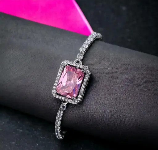 Silver Plated Rectangular Pink Crystal Studded Matrix Tennis Bracelet - TheFindify