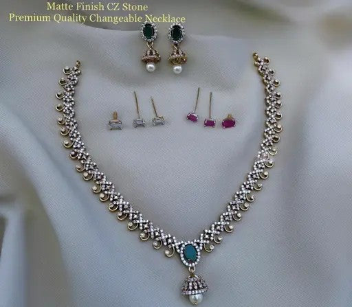 Ziva Fusion American Diamond Changeable Stone Necklace With Earrings - TheFindify