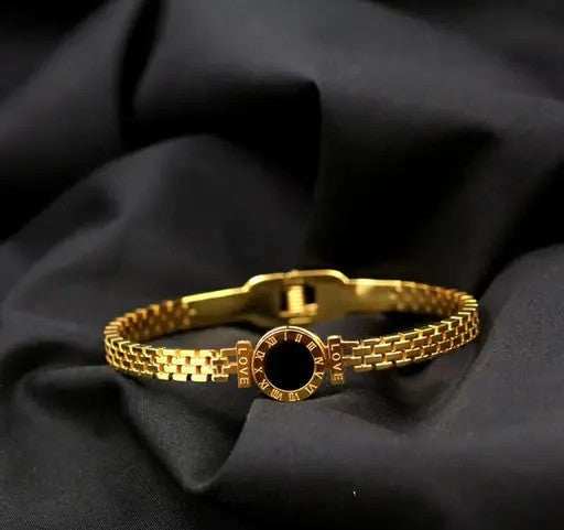 Stainless Steel Gold Plated Roman numerals Zig Zag Style Contemporary Bracelet - TheFindify