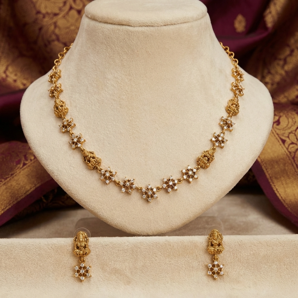 Goddess Lakshmi Floral Necklace Set – Traditional Temple Jewelry for Weddings & Festivals
