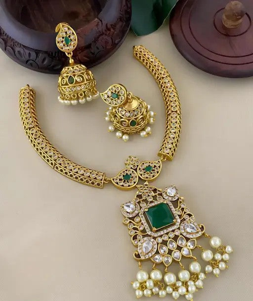 Micro Plated Emerald Stone Kada Necklace With Earrings - TheFindify