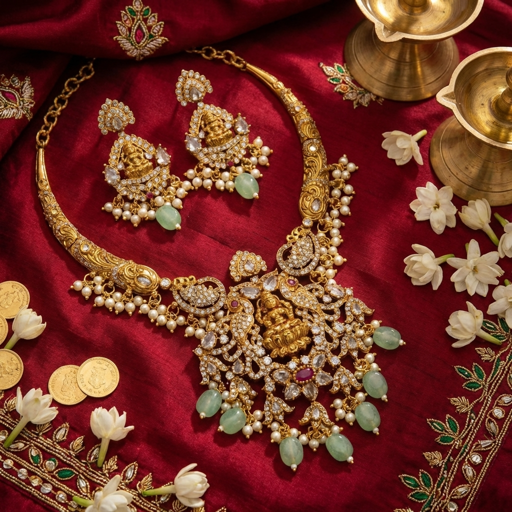 Lakshmi Bridal Necklace – Traditional Gold Temple Jewelry for Weddings &amp; Festive Wear