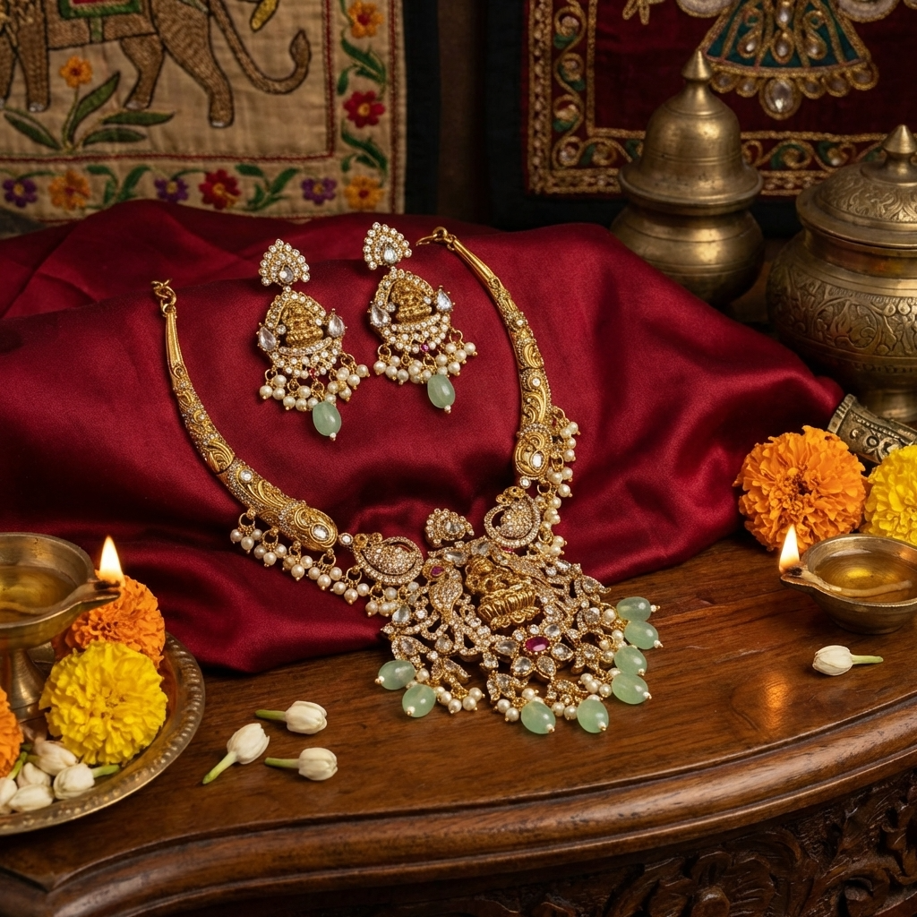 Lakshmi Bridal Necklace – Traditional Gold Temple Jewelry for Weddings &amp; Festive Wear