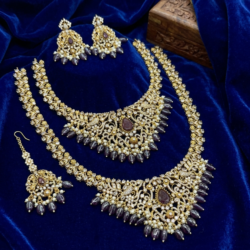 👑 Royal Amethyst Kundan Bridal Jewelry Set – Luxury Necklace, Earrings & Statement Accessories
