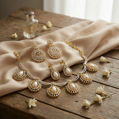 Bridal Ocean Drop Pearl Necklace with Premium AD Spiral Earrings