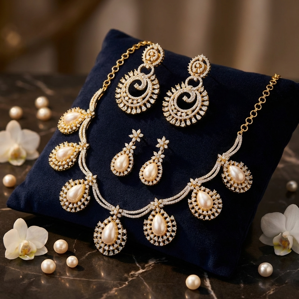 Bridal Ocean Drop Pearl Necklace with Premium AD Spiral Earrings2