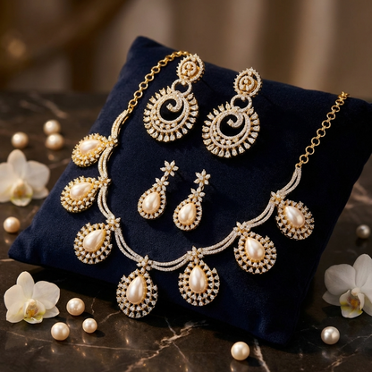 Bridal Ocean Drop Pearl Necklace with Premium AD Spiral Earrings2