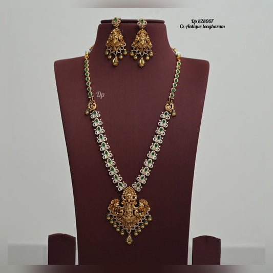 CZ Antique Lakshmi Long Haram With Earrings - TheFindify