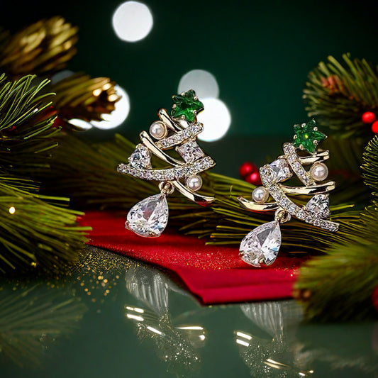 Cute Christmas Tree Inlay Alloy Artificial Pearl Rhinestone Drop Earrings - TheFindify