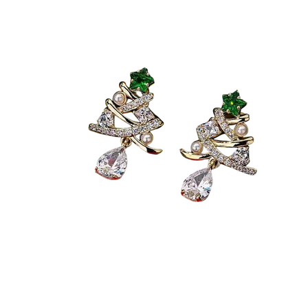 Cute Christmas Tree Inlay Alloy Artificial Pearl Rhinestone Drop Earrings - TheFindify