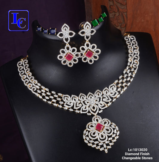 Diamond Finish Changeable stone Necklace Set - TheFindify