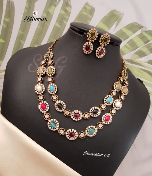 Double Layered Diamond Finish Navaratna Necklace set - TheFindify