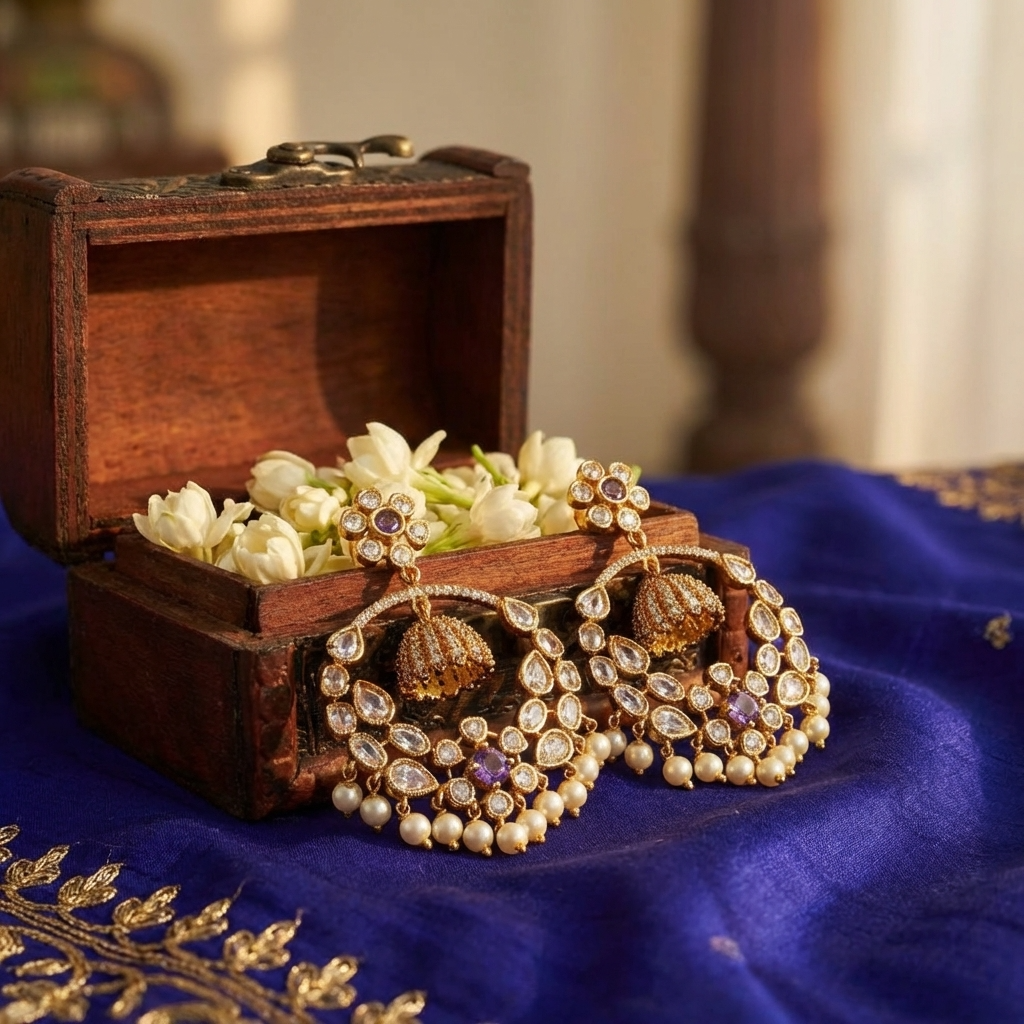 Elegant Pearl Drop Chandbali Earrings – Antique Gold Ethnic Jewelry for Women