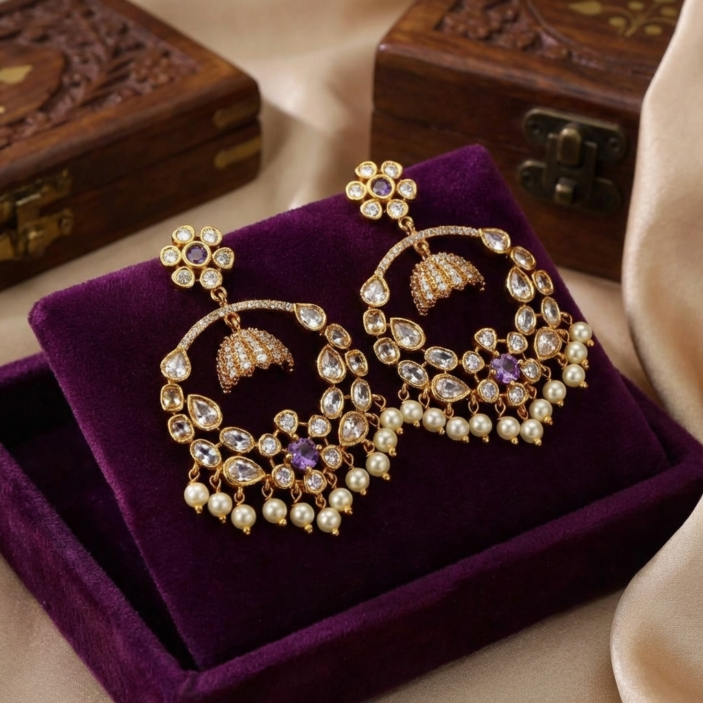Elegant Pearl Drop Chandbali Earrings – Antique Gold Ethnic Jewelry for Women