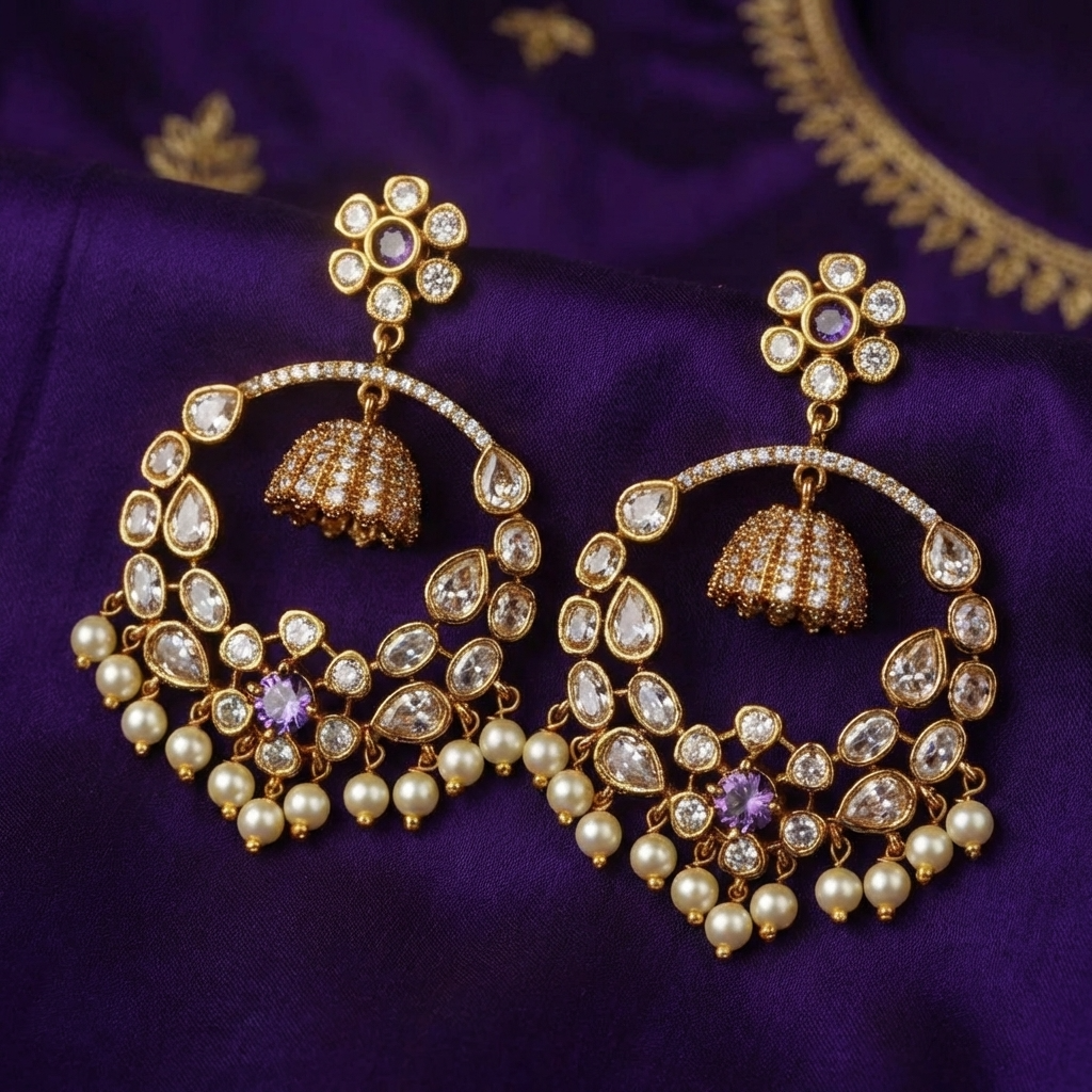 Elegant Pearl Drop Chandbali Earrings – Antique Gold Ethnic Jewelry for Women