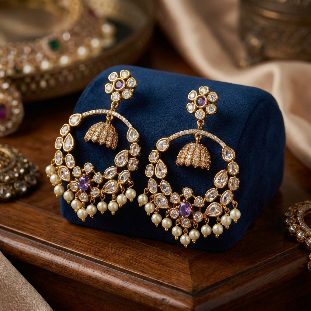 Elegant Pearl Drop Chandbali Earrings – Antique Gold Ethnic Jewelry for Women