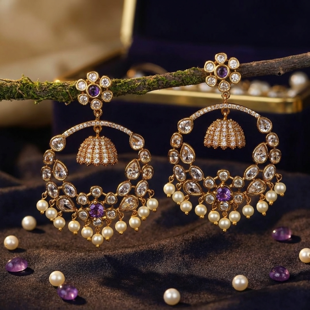 Elegant Pearl Drop Chandbali Earrings – Antique Gold Ethnic Jewelry for Women