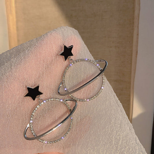 Korean Fashion Rhinestone Planet Drop Earrings - TheFindify
