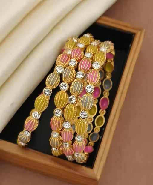 Feminine Gold Plated Bracelet & Bangle Set with American Diamond – Set of 4 