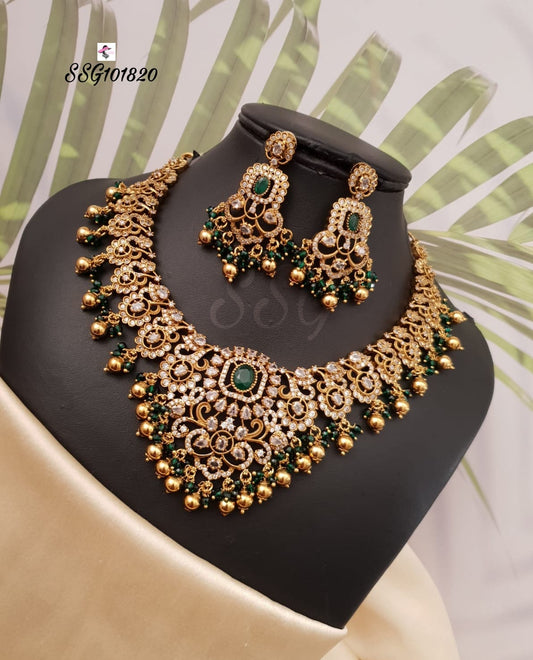 Green Stone Gold Drops Bridal Necklace With Earrings - TheFindify