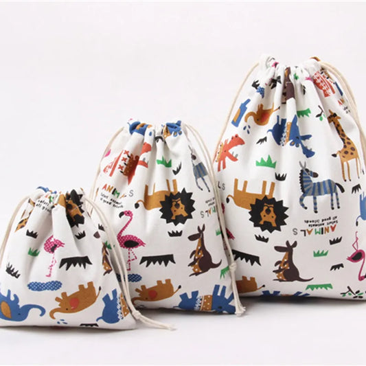 Drawstring Cartoon Animals Printed Storage Bags Organizer Cotton Linen Jewelry Cosmetic PouchBaby Clothing Kids toys Candy Bags