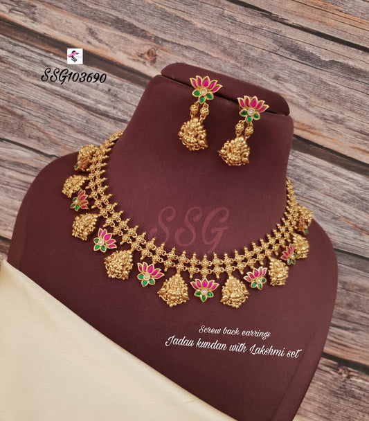 Jadau Kundan Lotus Lakshmi Necklace With Earrings - TheFindify