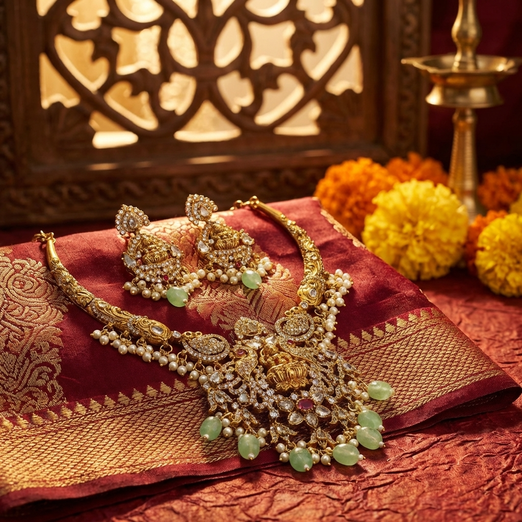Lakshmi Bridal Necklace – Traditional Gold Temple Jewelry for Weddings &amp; Festive Wear1